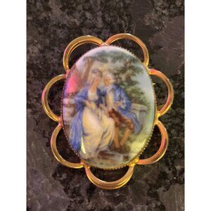 Antique Porcelain Cameo Brooch With Romantic Couple Scene Oval Gold-Tone Frame